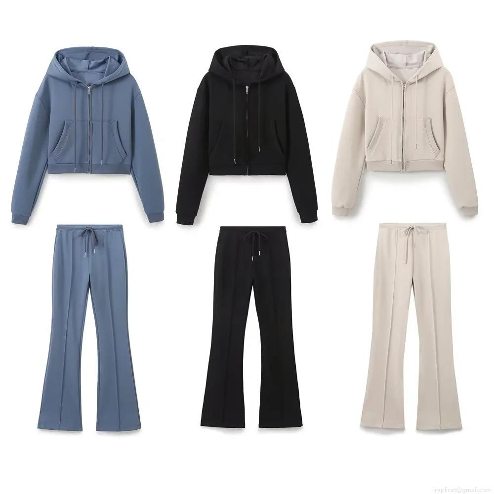 Women's Casual 2 Piece Sportswear Set Hooded Crop Zipper Sweatshirt Top and High Waist Flare Pants Loungewear Tracksuit Outfits