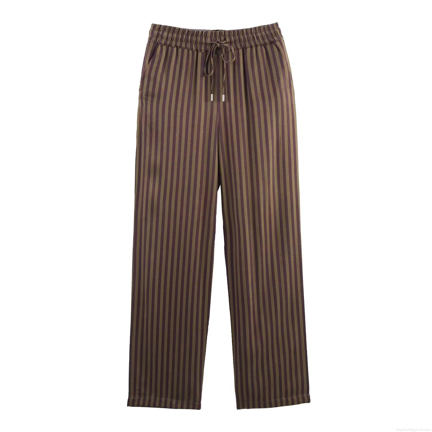 Women's Striped Satin Two Piece Loungewear Set Long Sleeve Button Down Shirt And Elastic Waist Drawstring Pants Casual Pajamas Sleepwear Home Wear