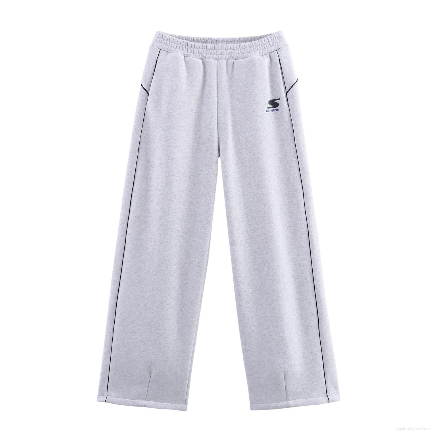 Women's Casual Knitted Two Piece Set Letter Print Round Neck Sweatshirt and Wide Leg Pants Streetwear Loungewear Outfit Heather Grey