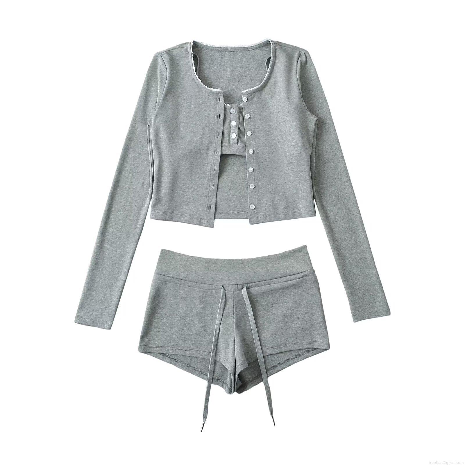 Women's 3-Piece Ribbed Knit Loungewear Set Lace Trim Long Sleeve Button Up Cardigan Camisole And Drawstring Shorts Casual Home Wear Sporty Suit
