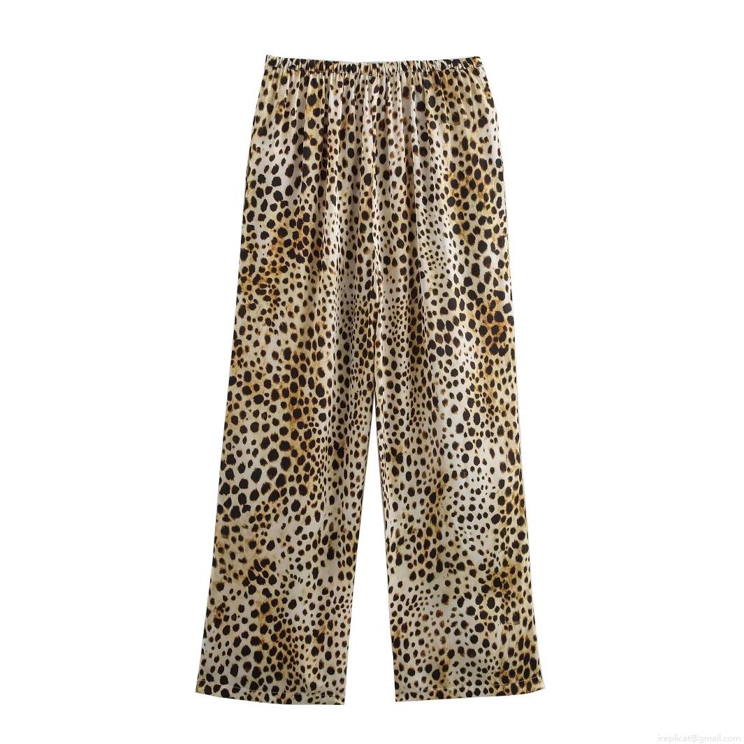 Women Sexy Leopard Print 2 Piece Lounge Set 100% Polyester Satin V-Neck Camisole Top and Wide Leg Drawstring Pants Casual Streetwear Home Outfits