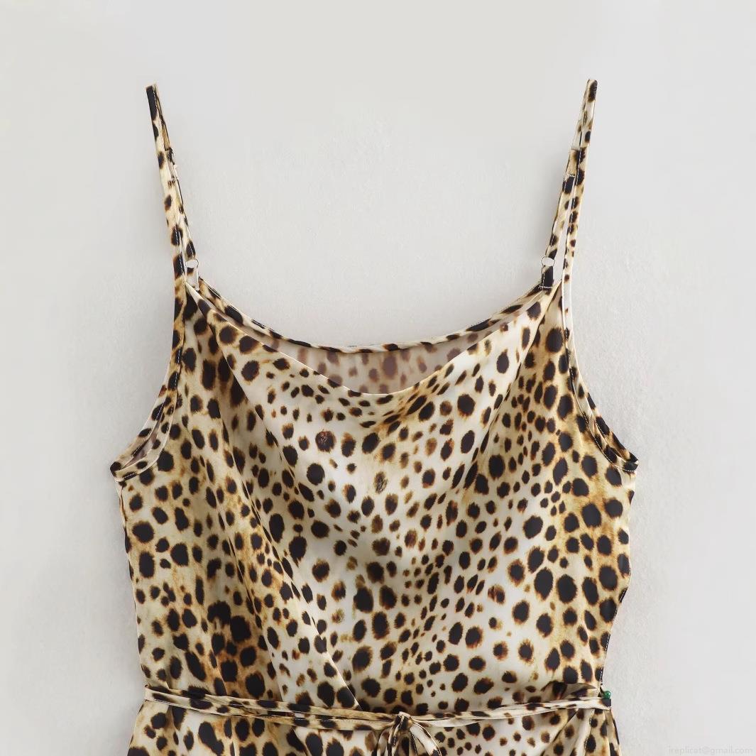 Women Sexy Leopard Print 2 Piece Lounge Set 100% Polyester Satin V-Neck Camisole Top and Wide Leg Drawstring Pants Casual Streetwear Home Outfits
