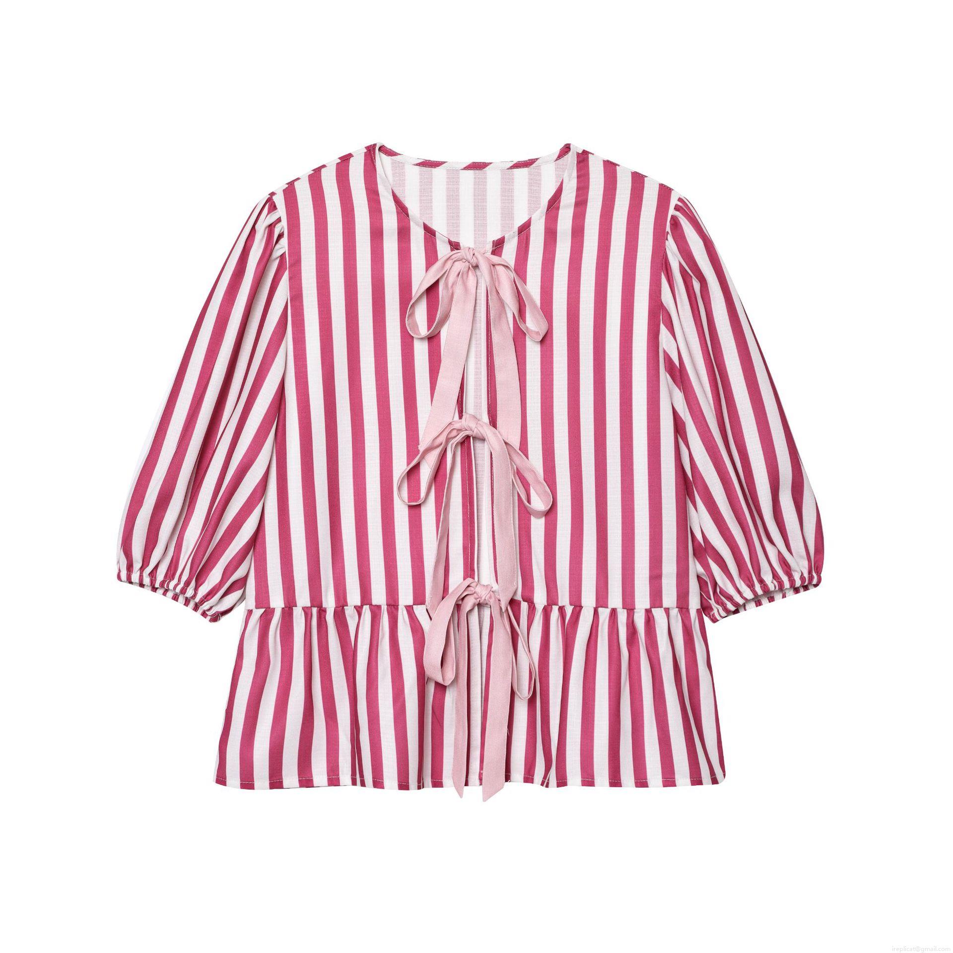 Women's Striped 100% Polyester Two Piece Set With Bow Tie Ruffle Puff Sleeve Top And Drawstring Waist Shorts Casual Loungewear Pajamas
