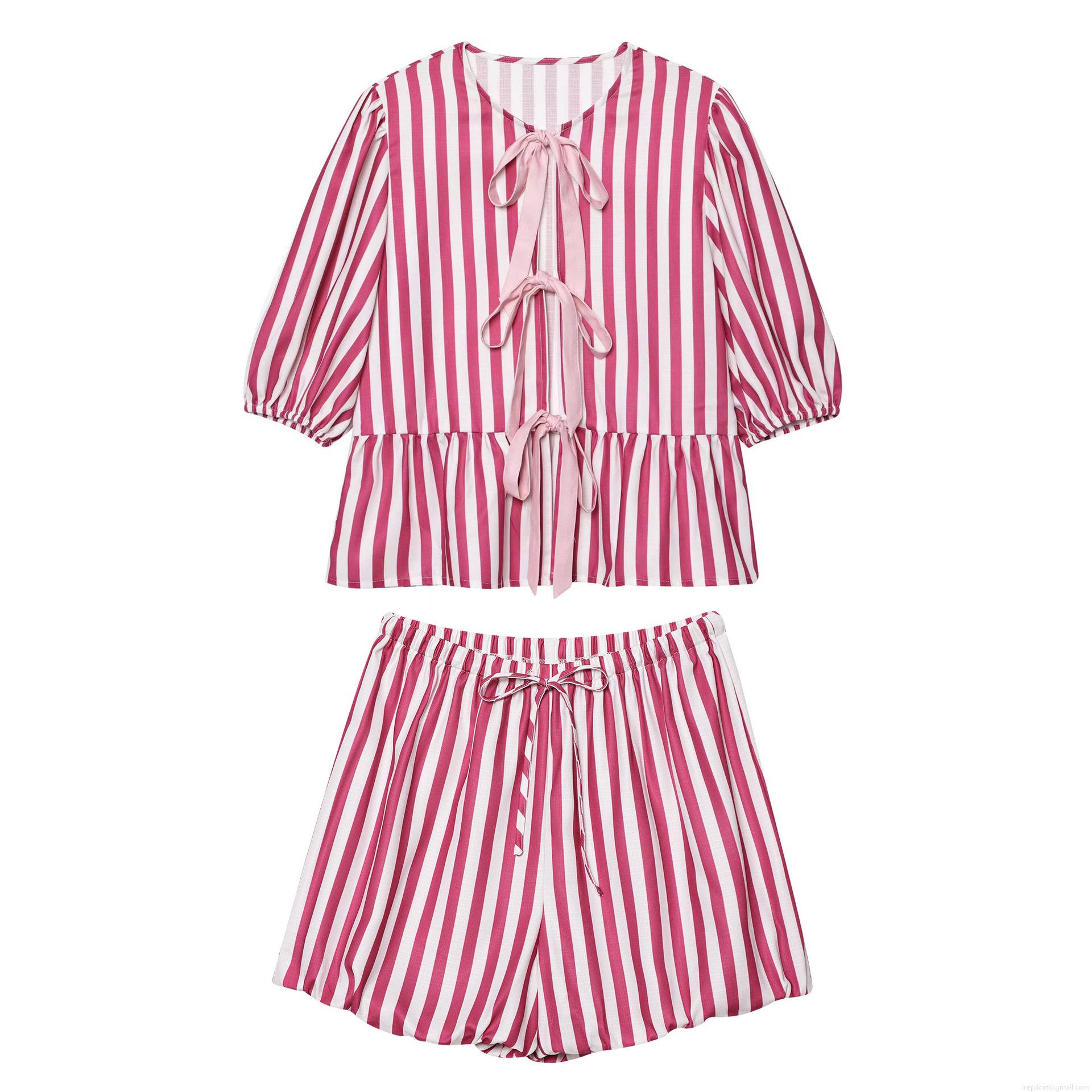 Women's Striped 100% Polyester Two Piece Set With Bow Tie Ruffle Puff Sleeve Top And Drawstring Waist Shorts Casual Loungewear Pajamas