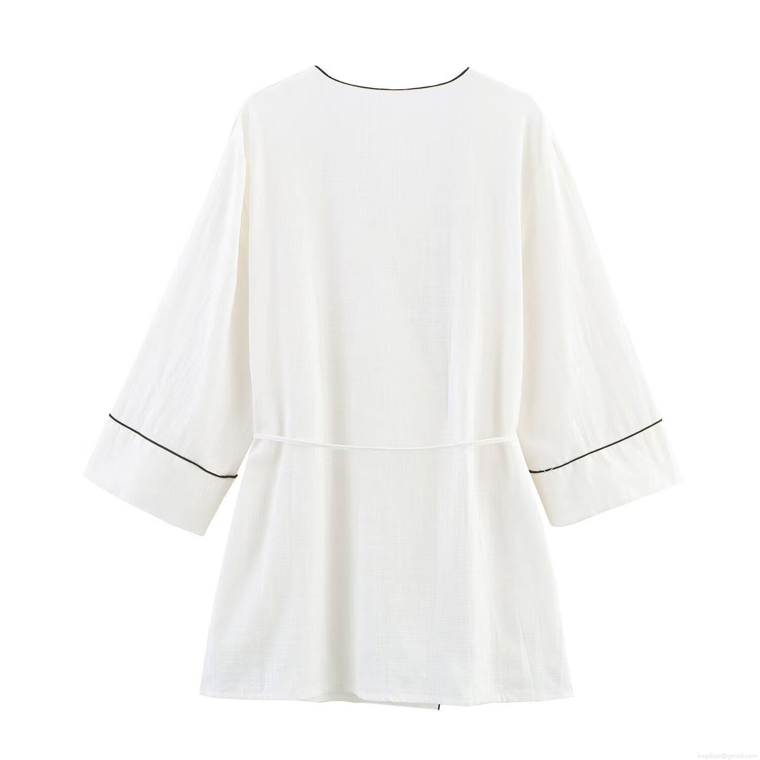 Women's Two Piece Loungewear Set Contrast Piping V Neck Wrap Top And High Waist Wide Leg Pants Casual Home Sleepwear Pajamas Set