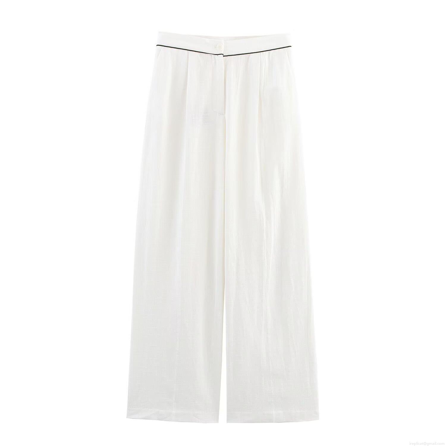 Women's Two Piece Loungewear Set Contrast Piping V Neck Wrap Top And High Waist Wide Leg Pants Casual Home Sleepwear Pajamas Set