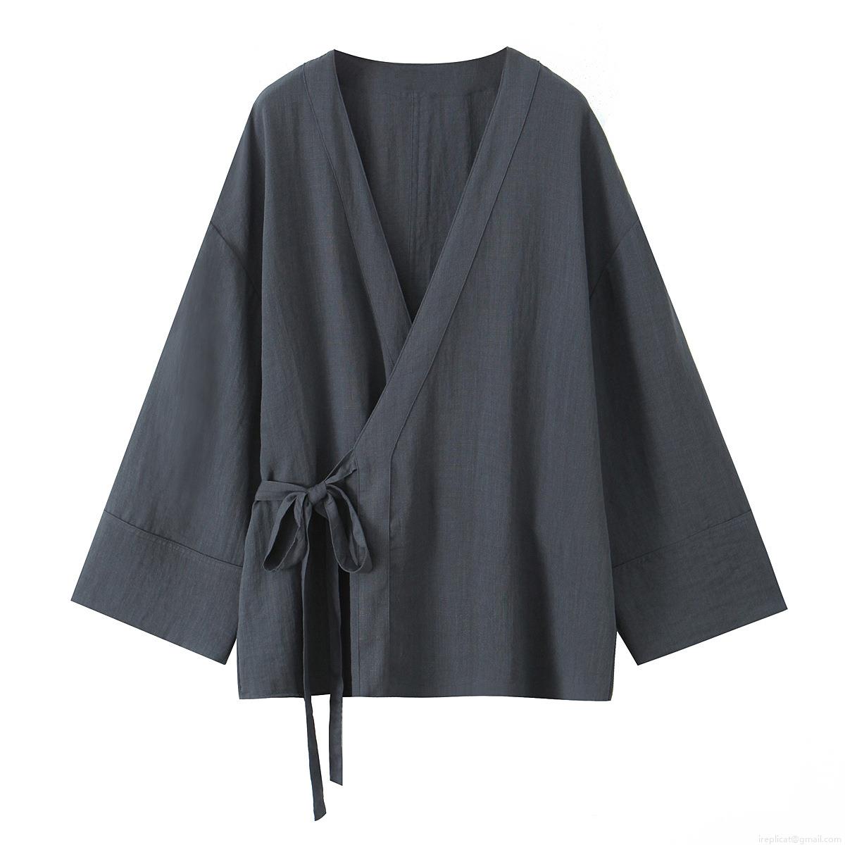 Women's Casual Two Piece Loungewear Set Japanese Kimono Style Lace Up Wrap Top And Wide Leg Pants Solid Color Cotton Linen Feel Outfit Streetwear