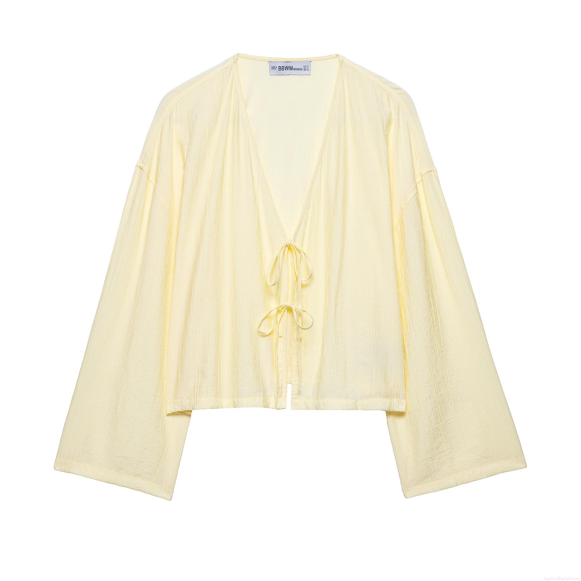 Women's Crinkle Texture Kimono Style Top And Shorts Set 100% Polyester Solid Pale Yellow V-Neck Tie-Front Casual Loungewear Two Piece Outfit Streetwear Summer Vacation Beach Wear For Women