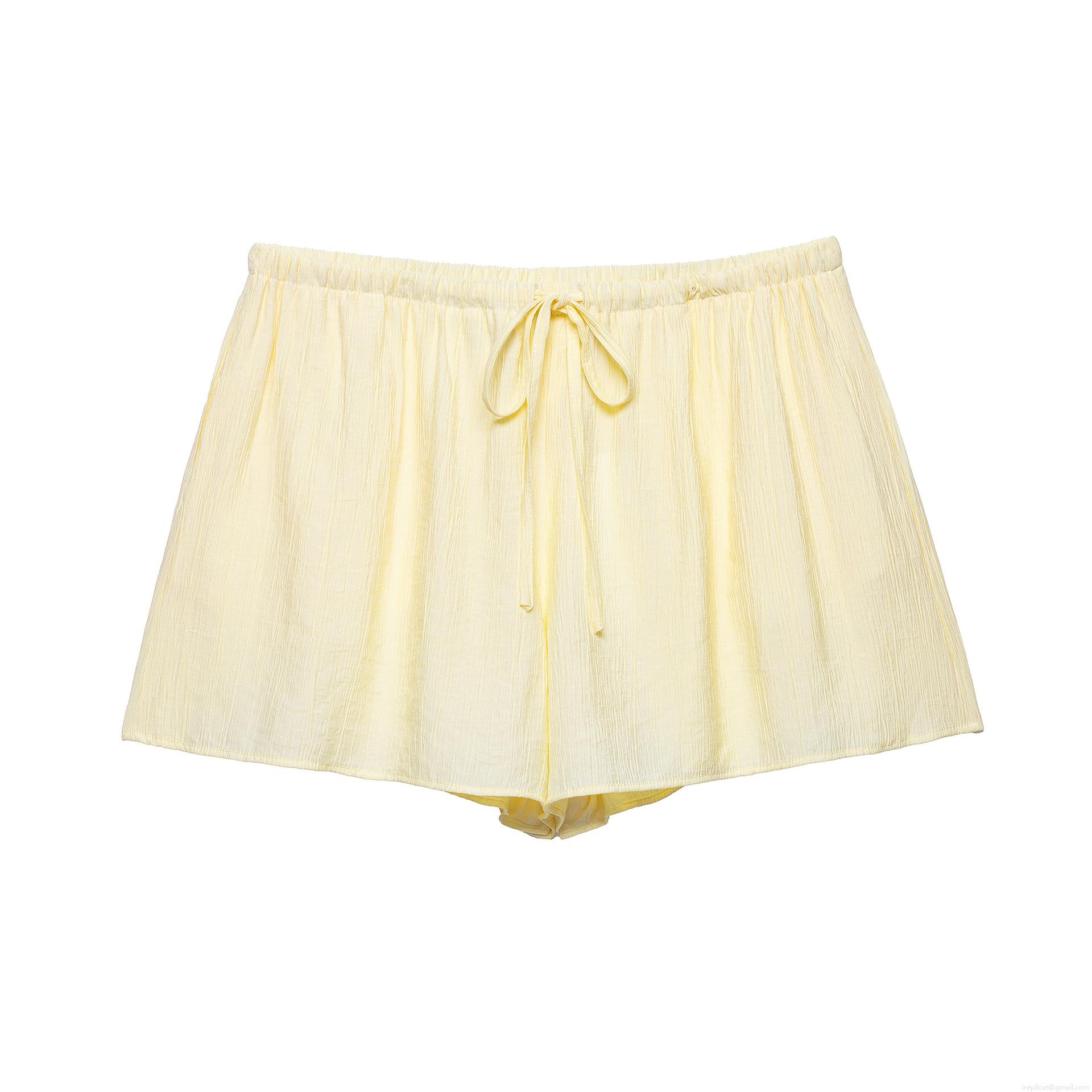 Women's Crinkle Texture Kimono Style Top And Shorts Set 100% Polyester Solid Pale Yellow V-Neck Tie-Front Casual Loungewear Two Piece Outfit Streetwear Summer Vacation Beach Wear For Women
