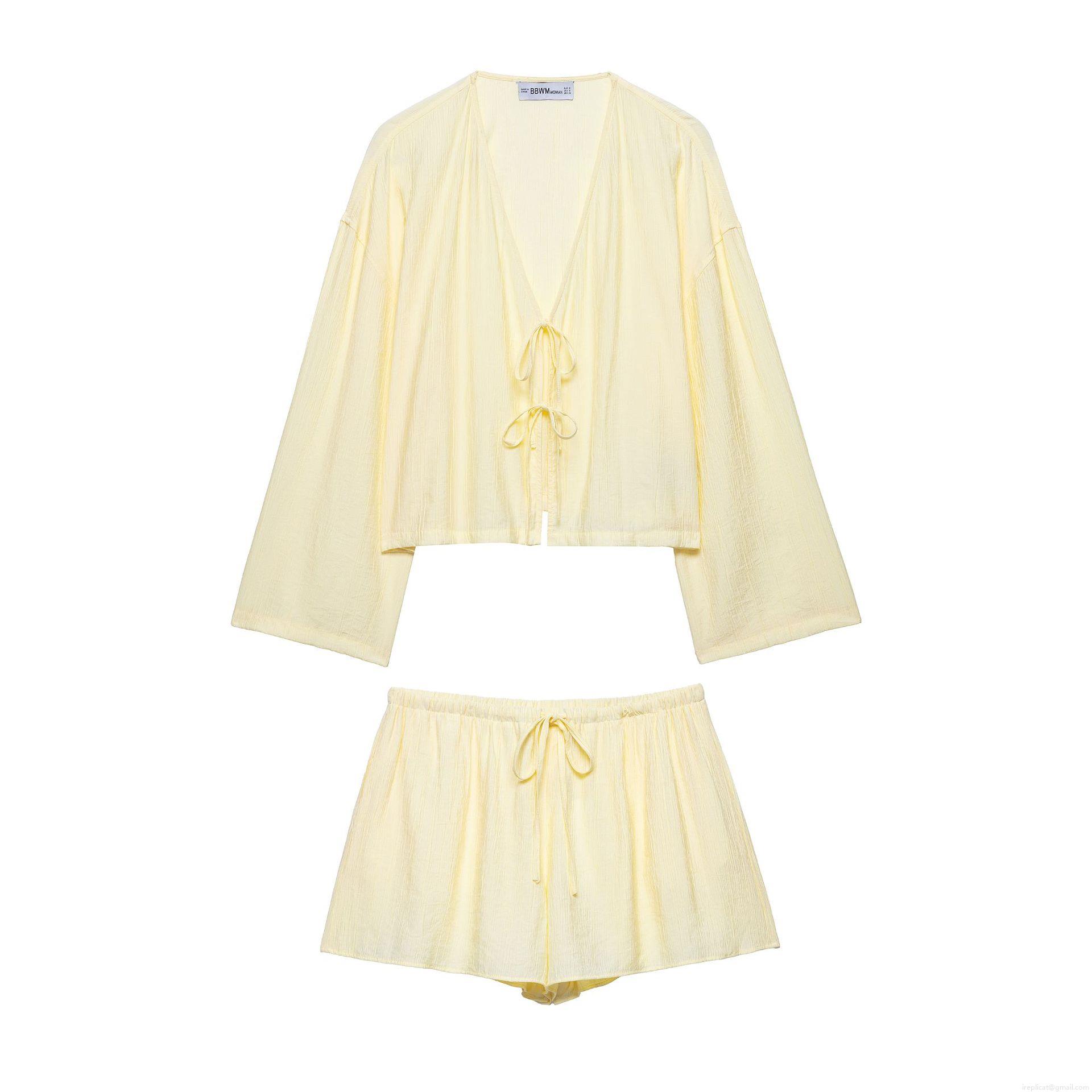 Women's Crinkle Texture Kimono Style Top And Shorts Set 100% Polyester Solid Pale Yellow V-Neck Tie-Front Casual Loungewear Two Piece Outfit Streetwear Summer Vacation Beach Wear For Women