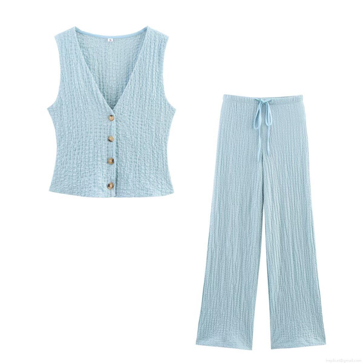 Women's Casual 2 Piece Set V Neck Button Down Sleeveless Vest and Drawstring Wide Leg Pants Textured Seersucker Polyester Summer Outfits