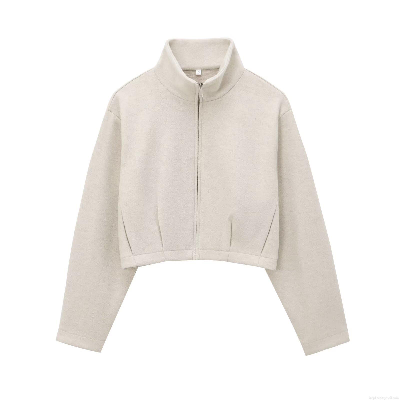 Women's Casual Loungewear Two Piece Set Soft Stand Collar Zipper Short Jacket And High Waist Wide Leg Straight Pants Milky White Streetwear Outfit