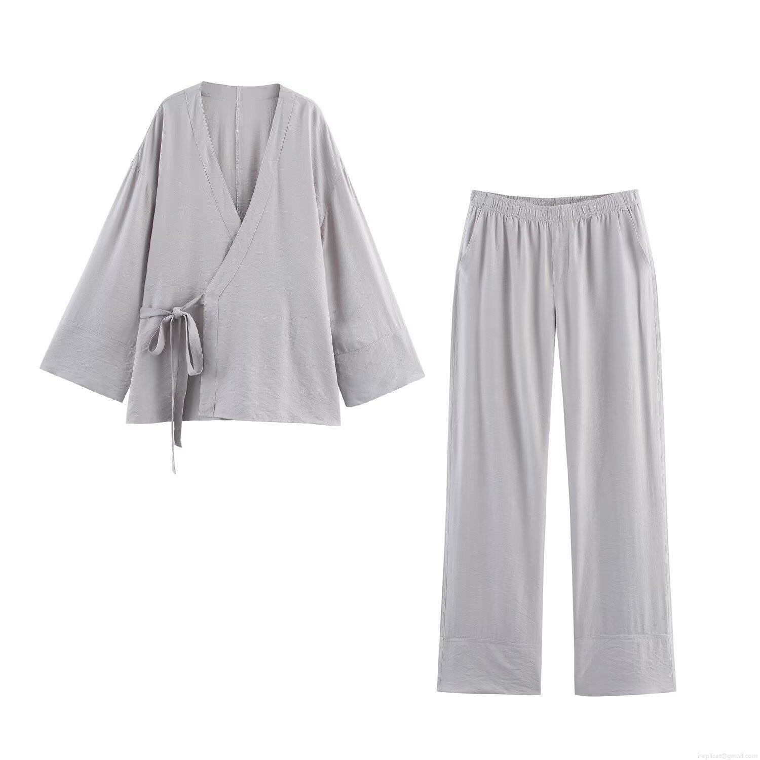 Women's Casual Loungewear Set Kimono Style Wrap Top And Wide Leg Pants Solid Color Cotton Blend Two Piece Outfits For Women Home Streetwear