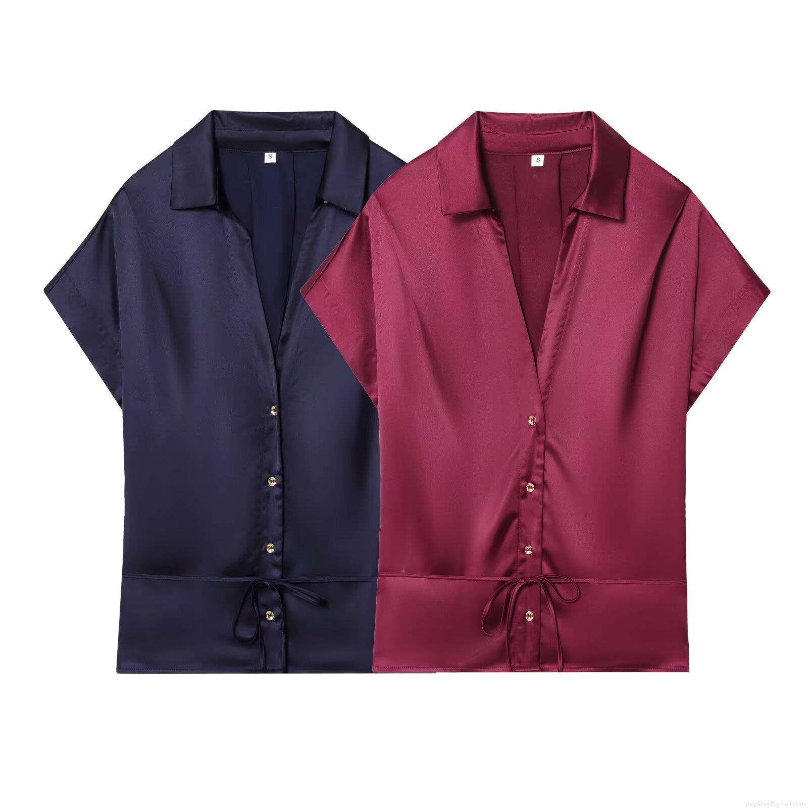 Women's Elegant Satin Silk-Like Short Sleeve V-Neck Shirt And Wide Leg Pants Two Piece Set Casual Loose Streetwear Loungewear Suit With Waist Tie