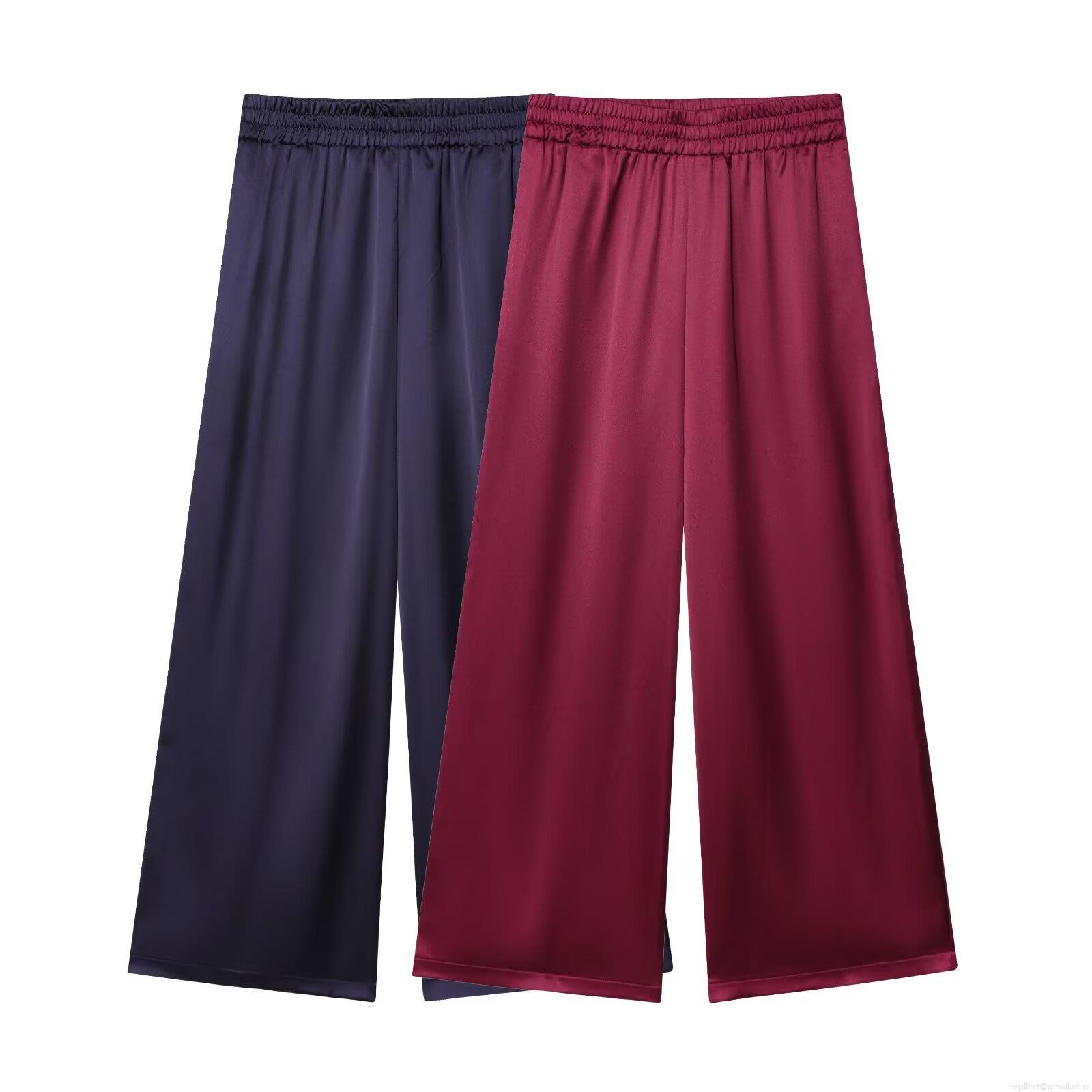 Women's Elegant Satin Silk-Like Short Sleeve V-Neck Shirt And Wide Leg Pants Two Piece Set Casual Loose Streetwear Loungewear Suit With Waist Tie