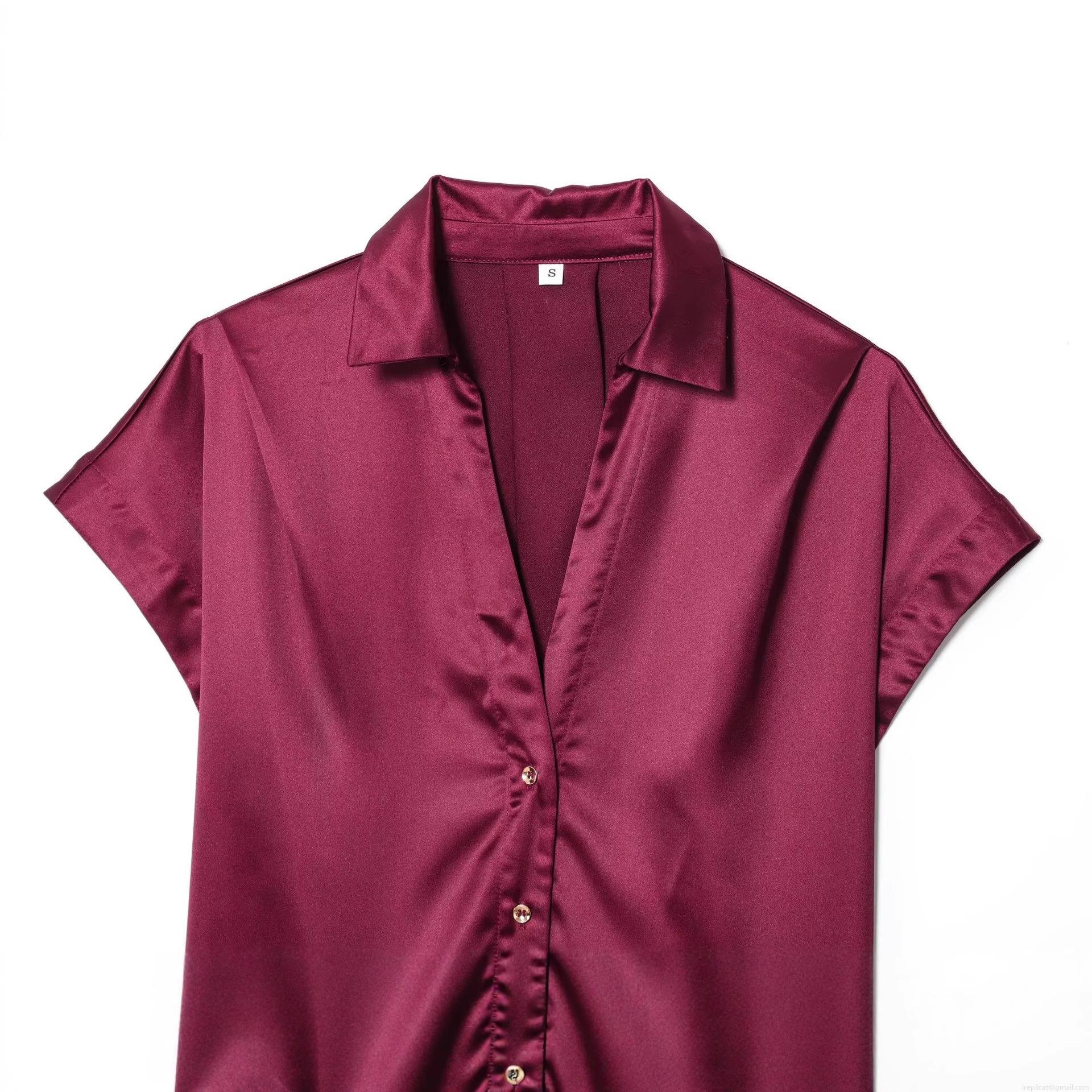 Women's Elegant Satin Silk-Like Short Sleeve V-Neck Shirt And Wide Leg Pants Two Piece Set Casual Loose Streetwear Loungewear Suit With Waist Tie