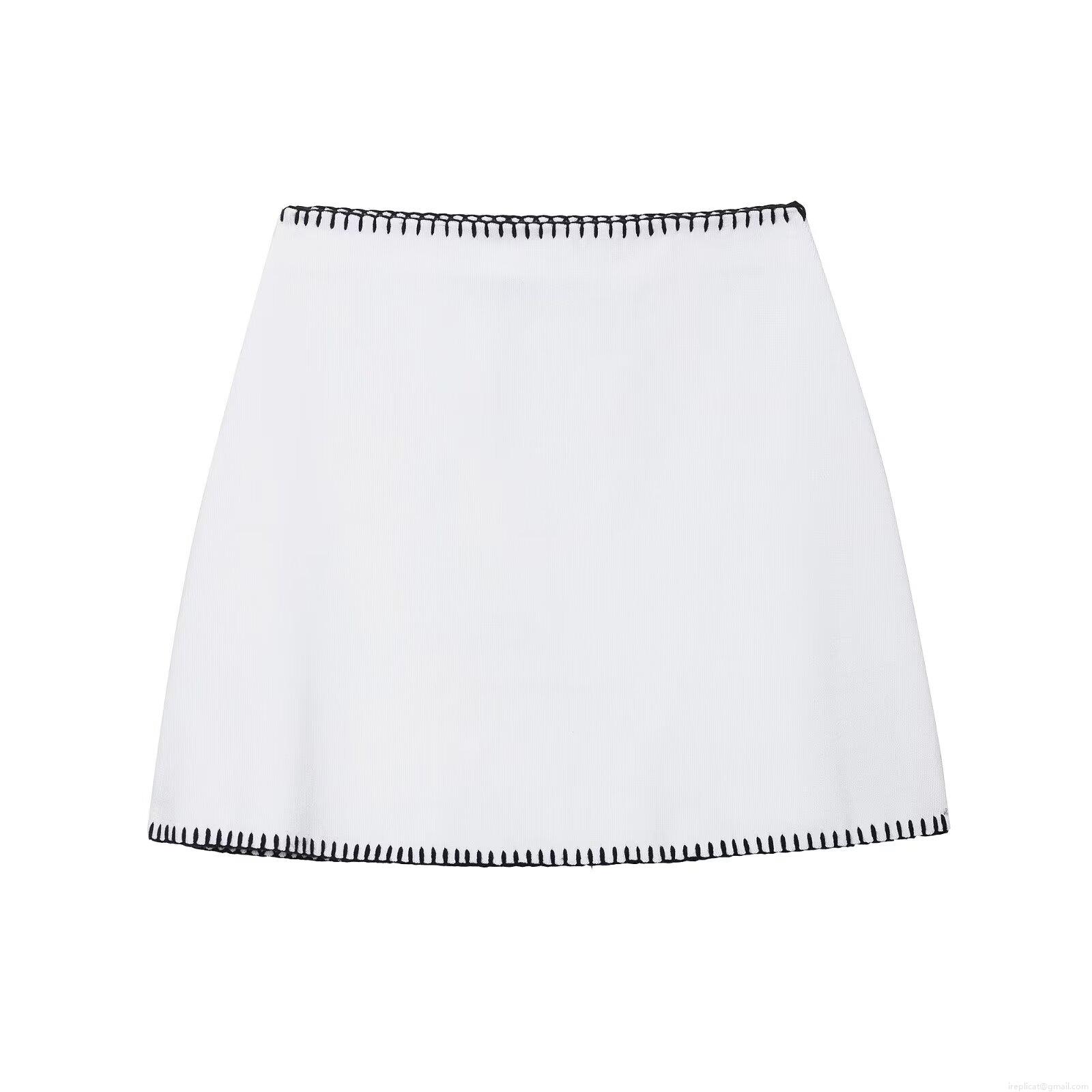 Women's Contrast Stitching Knitted 2 Piece Set White Knitted Short Sleeve Top And Mini Skirt Casual Streetwear Knitwear Outfit For Women