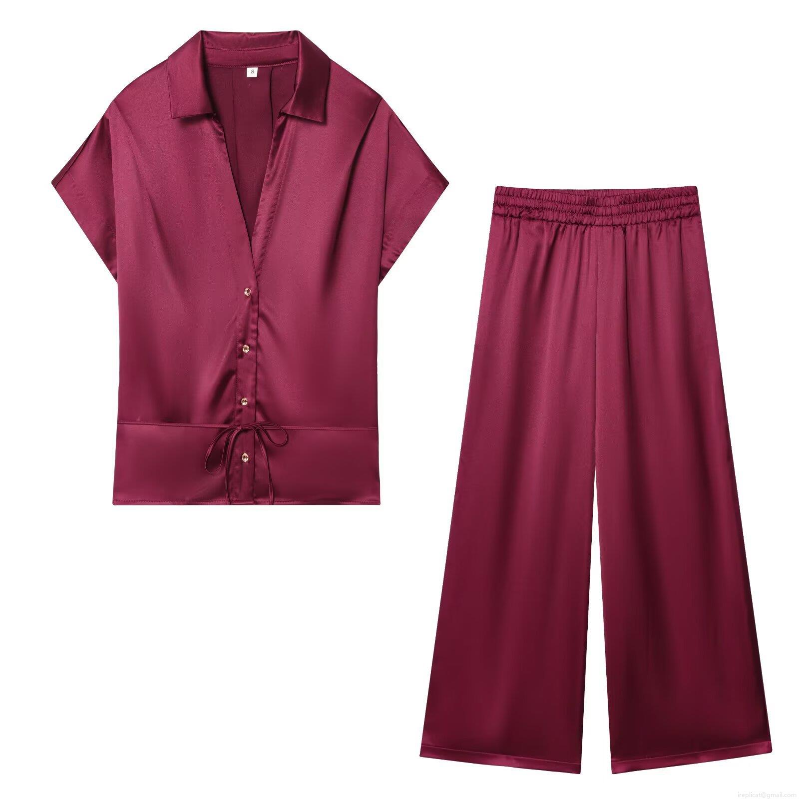 Women's Satin Silk Texture 2 Piece Set V-Neck Short Sleeve Button Up Belted Shirt And Wide Leg Long Pants Leisure Pajama Loungewear Suit For Women