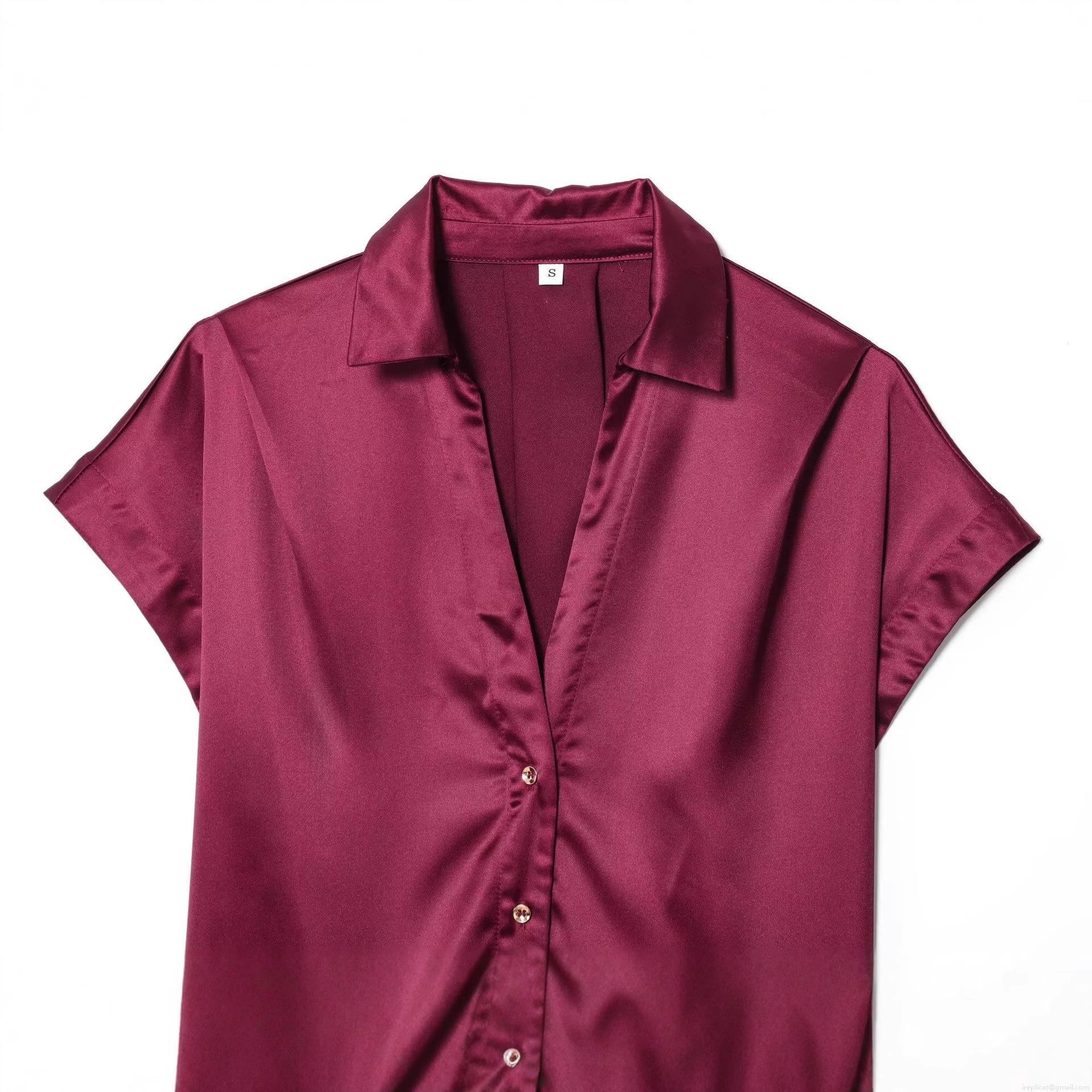 Women's Satin Silk Texture 2 Piece Set V-Neck Short Sleeve Button Up Belted Shirt And Wide Leg Long Pants Leisure Pajama Loungewear Suit For Women