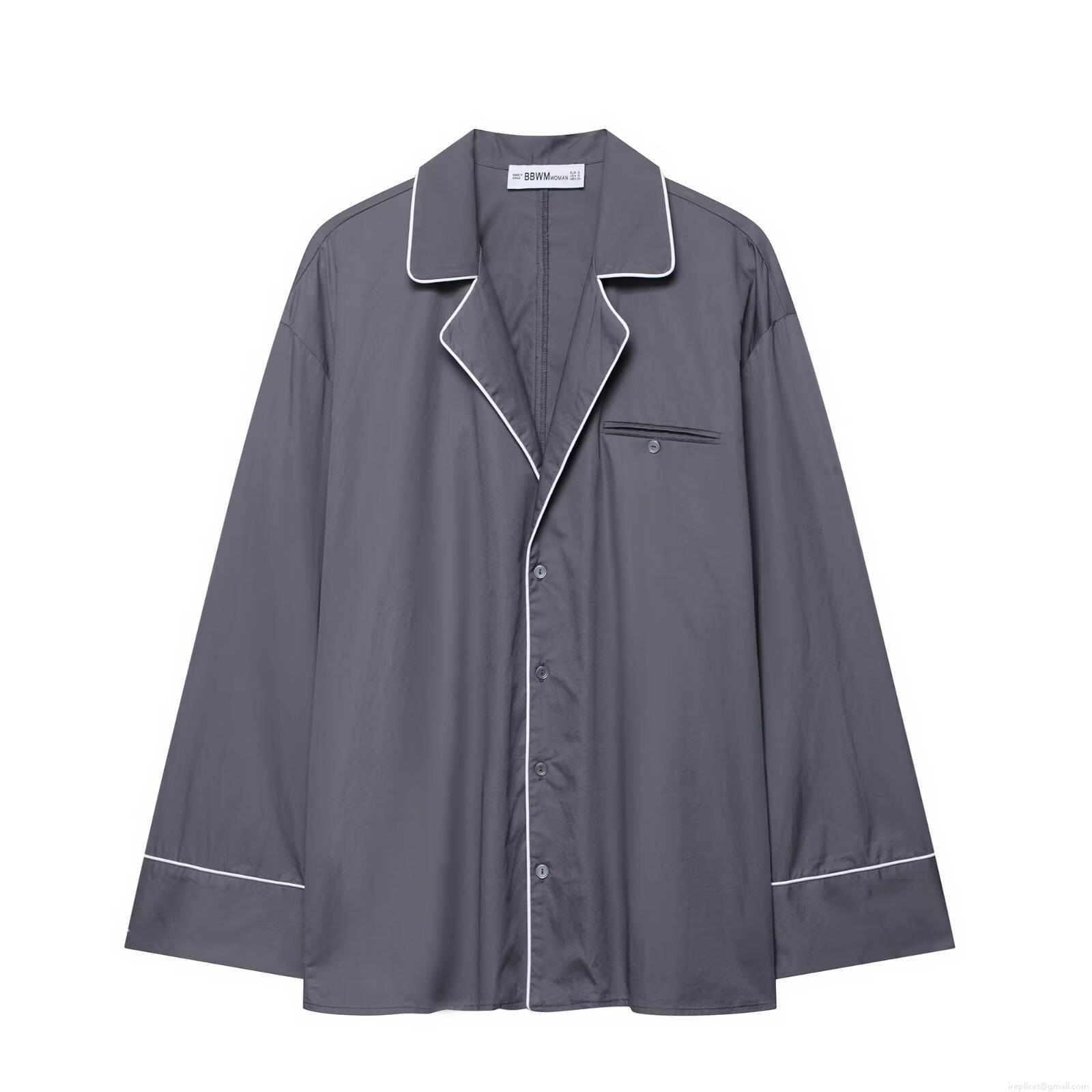 Women's Casual Long Sleeve Piping Poplin Shirt And Paperbag Waist Shorts Loungewear Set Solid Color Loose Two Piece Home Wear For Women