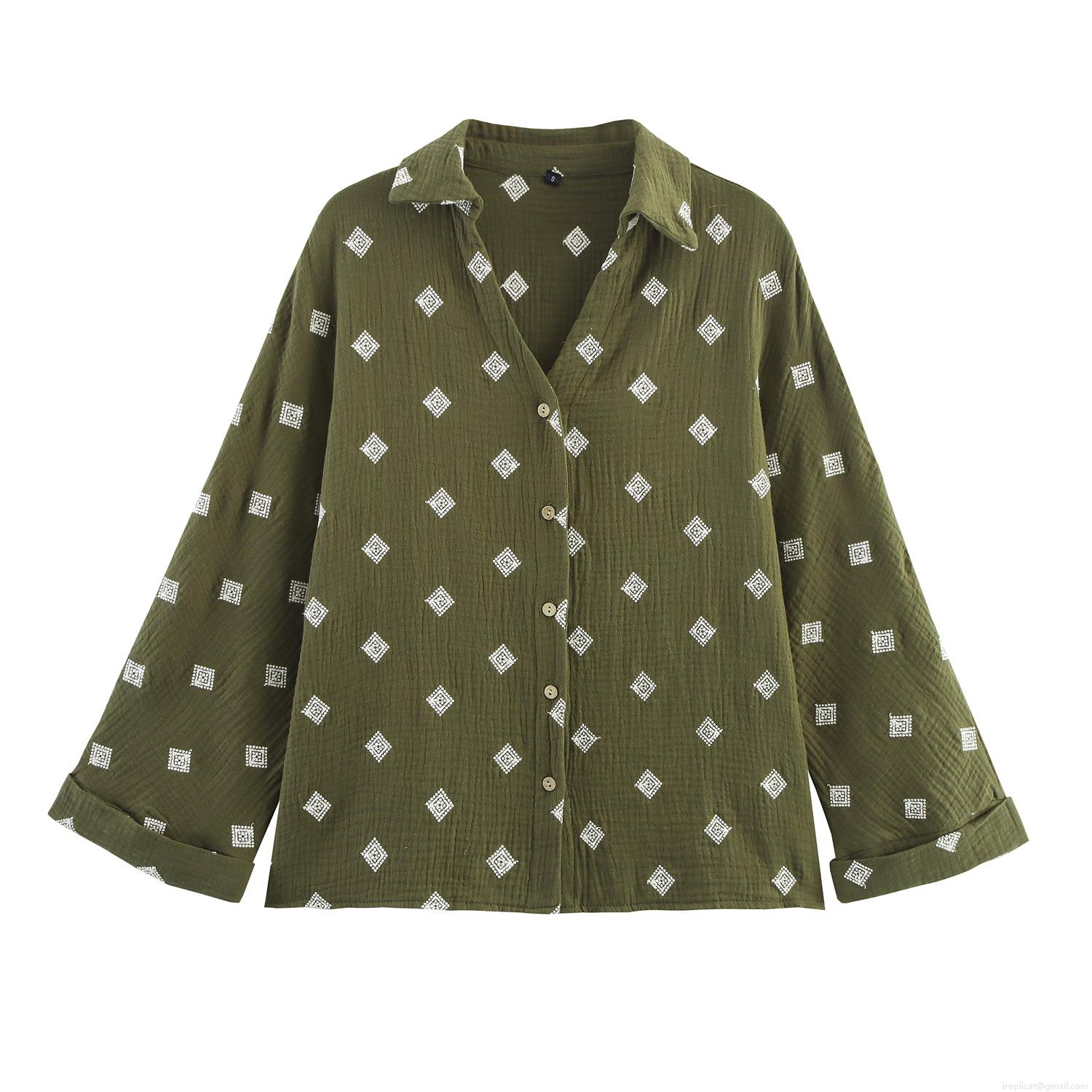 Women's Casual 2 Piece Lounge Set Cotton Crepe Embroidery Long Sleeve Button Down Shirt and Wide Leg Pants Set Olive Green Geometric Print Streetwear Outfit