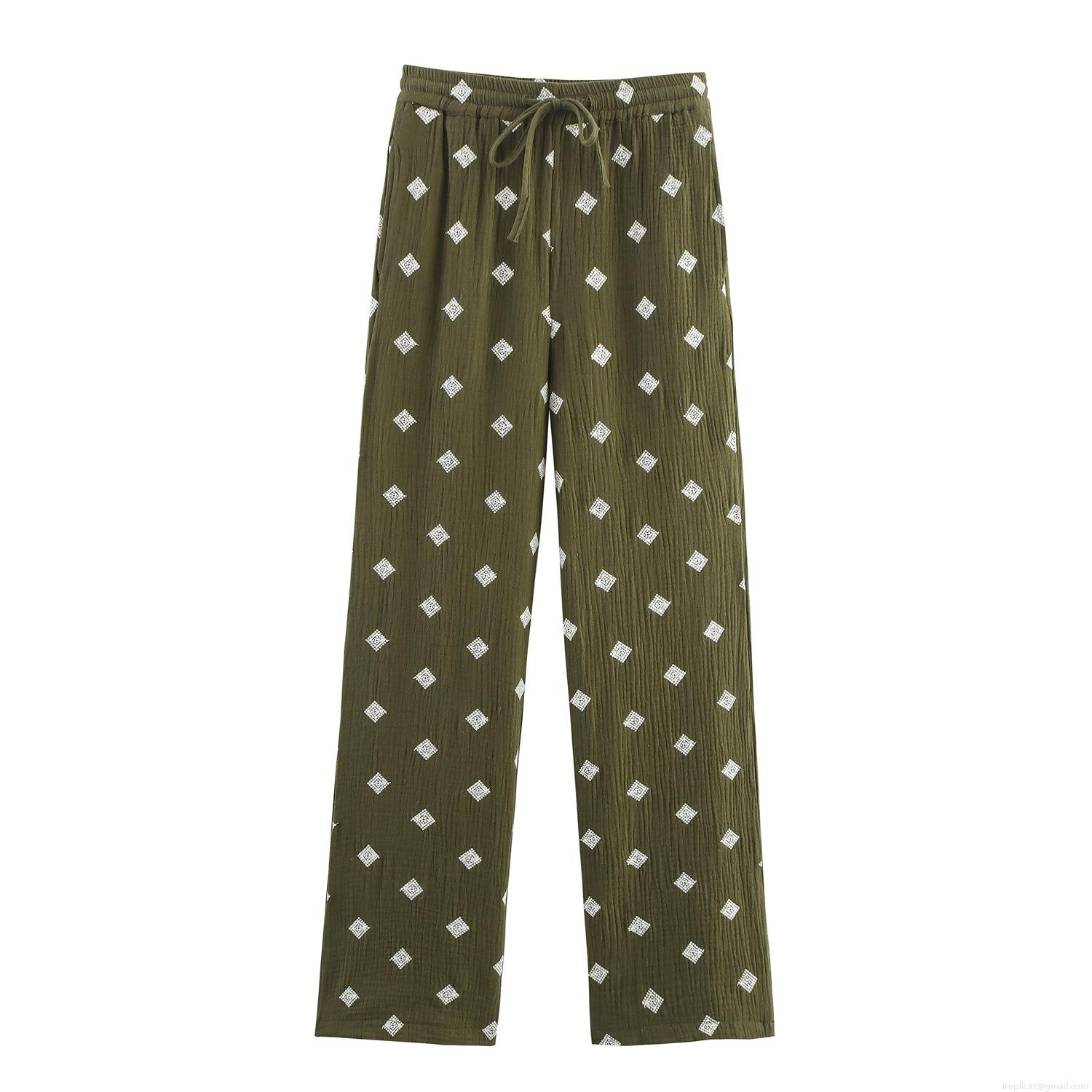 Women's Casual 2 Piece Lounge Set Cotton Crepe Embroidery Long Sleeve Button Down Shirt and Wide Leg Pants Set Olive Green Geometric Print Streetwear Outfit