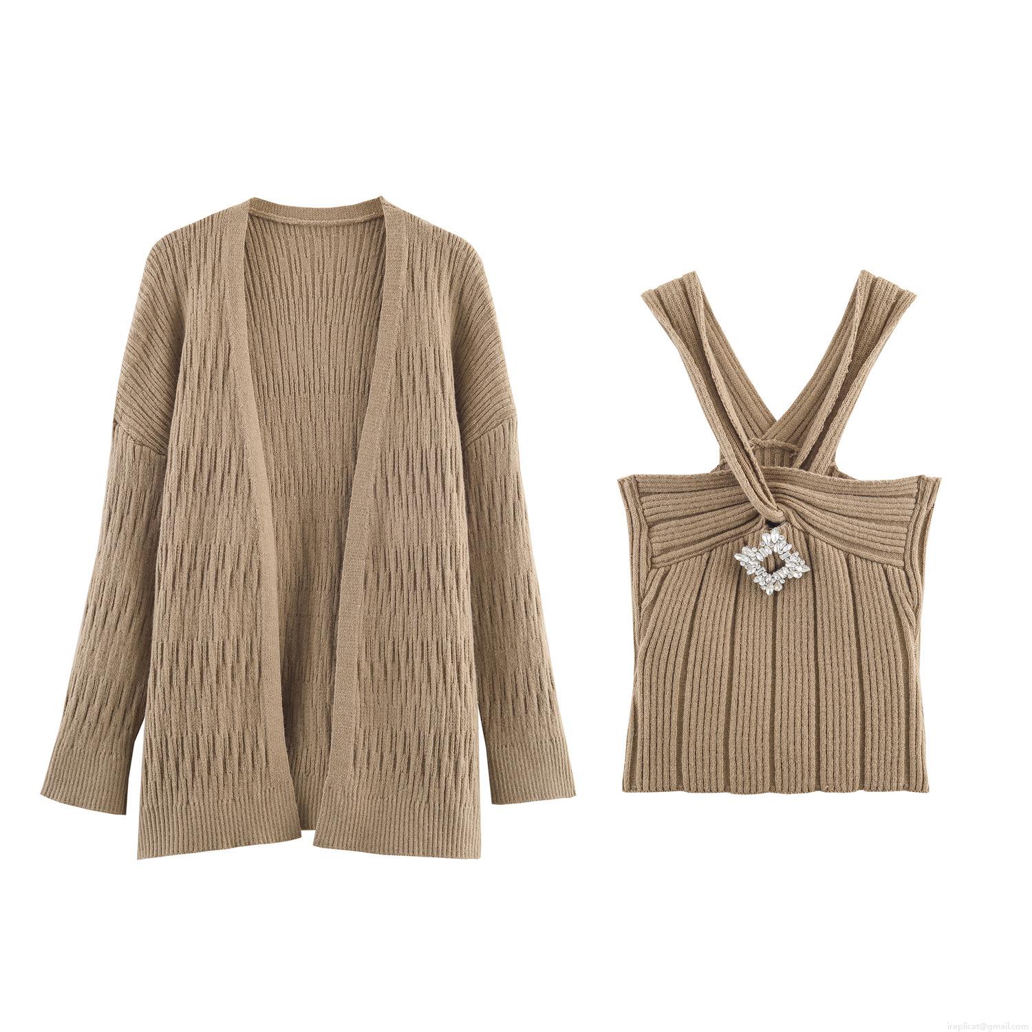 Women's 2 Piece Knit Set Long Sleeve Ribbed Cardigan And Rhinestone Brooch Cross Halter Camisole Casual Solid Color Soft Knitted Outfits