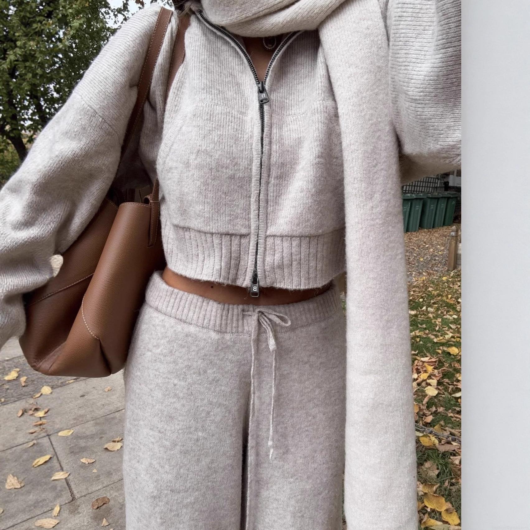 Women's Casual Knitted 2 Piece Set Zip Up Hooded Crop Jacket and High Waisted Wide Leg Pants Loungewear Tracksuit Outfits