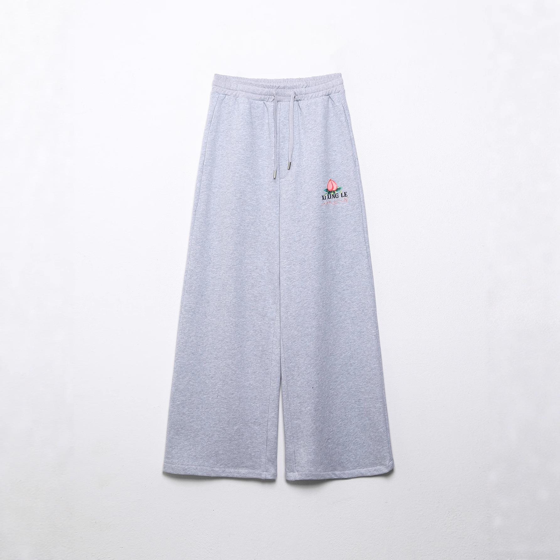 Women's Casual Heather Grey XI XING LE Peach Print Two Piece Set Round Neck Sweatshirt And Wide Leg Pants Streetwear Loungewear Outfits