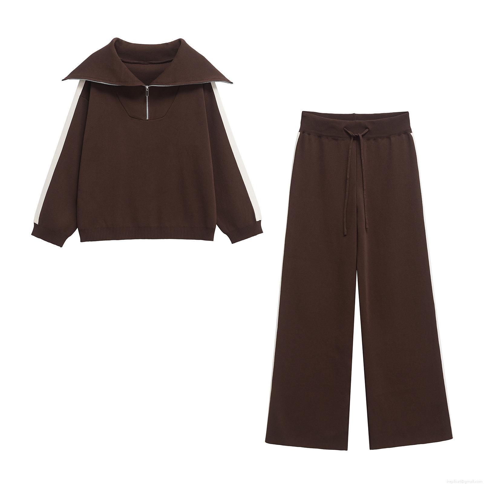 Women's Casual Polyester Two Piece Lounge Set Half Zip Pullover Sweatshirt And Wide Leg Pants With White Side Stripe Autumn Winter Tracksuit