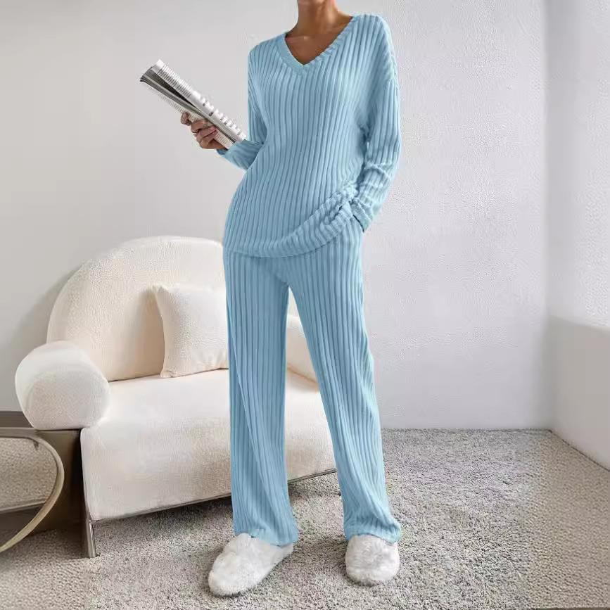 Women's Ribbed Knit 2-Piece Loungewear Set Loose V-Neck Long Sleeve Top and Wide Leg Pants Casual Fall Winter Outfit