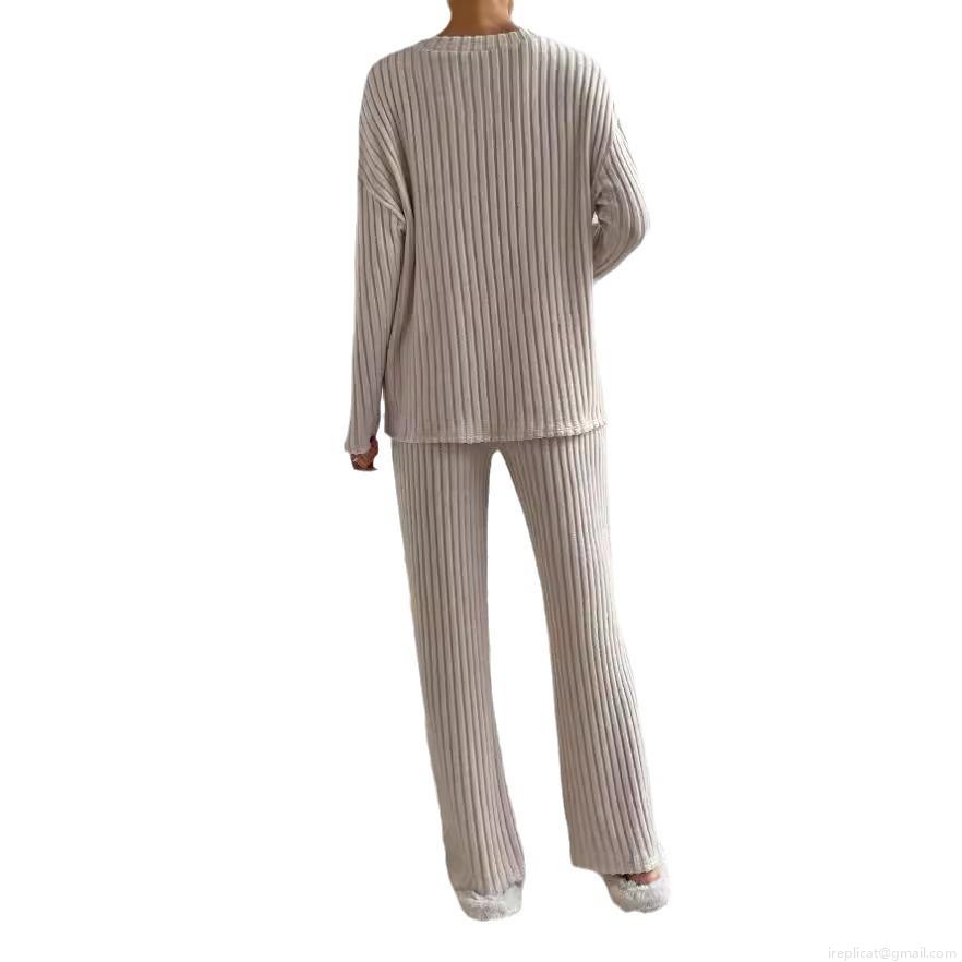 Women's Ribbed Knit 2-Piece Loungewear Set Loose V-Neck Long Sleeve Top and Wide Leg Pants Casual Fall Winter Outfit