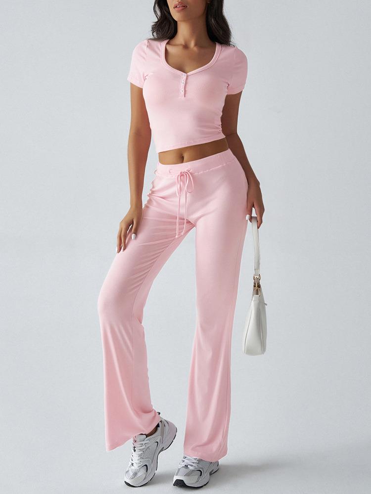 Women's 2 Piece Lounge Set Ribbed Knit V Neck Button Short Sleeve Crop Top High Waist Drawstring Flared Pants Casual Homewear Solid Color Slim Fit Outfit