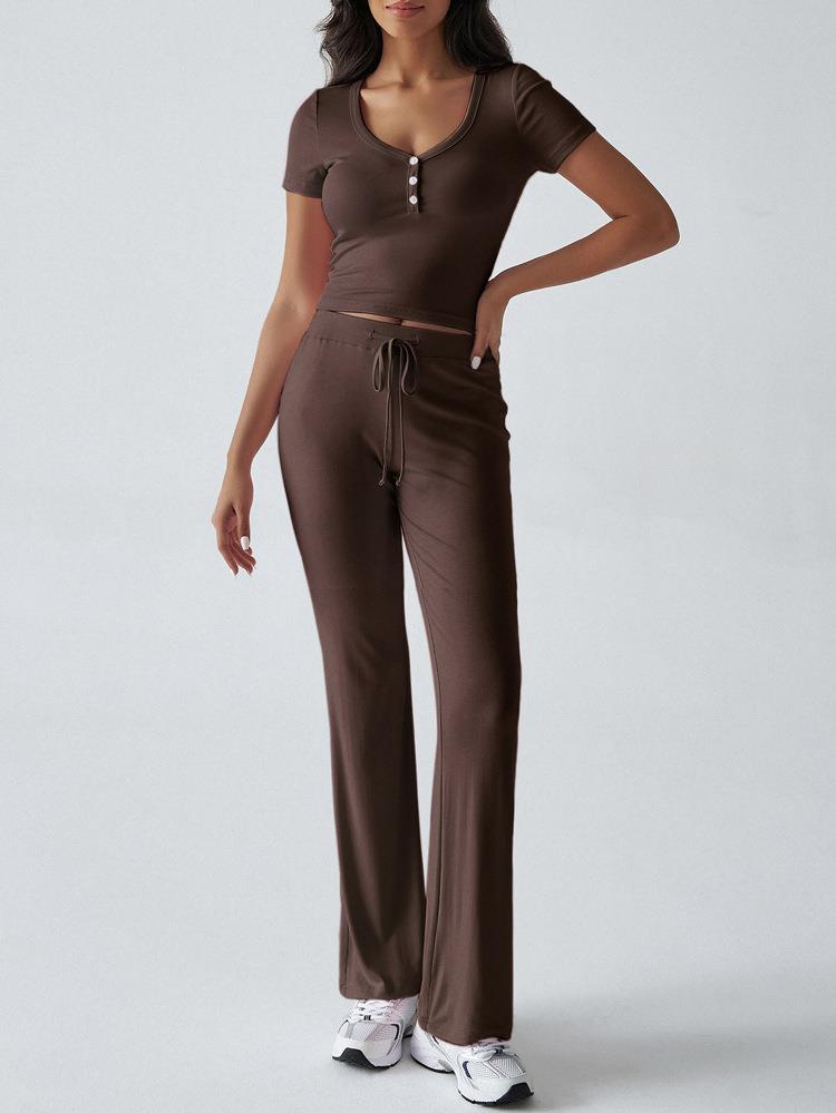 Women's 2 Piece Lounge Set Ribbed Knit V Neck Button Short Sleeve Crop Top High Waist Drawstring Flared Pants Casual Homewear Solid Color Slim Fit Outfit