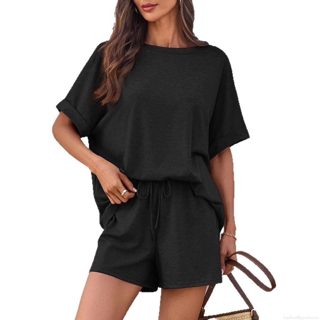 Women's Casual Two-Piece Outfits Set Oversized Batwing Short Sleeve T-Shirt And Drawstring Shorts Loungewear Polyester Spandex Soft Tracksuit For Summer Women Daily Home Wear