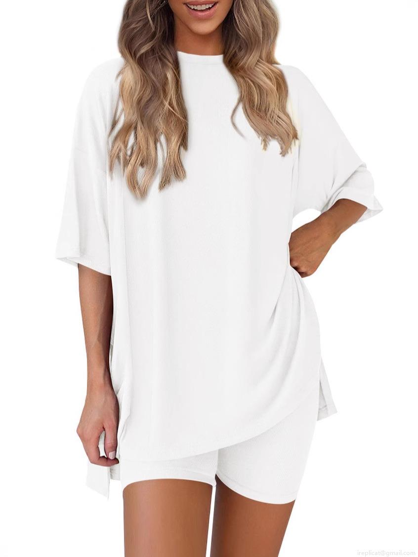 Women's Two-Piece Loungewear Set Oversized Ribbed Knit Round Neck Short Sleeve T-Shirt And High Waist Cycling Shorts Casual Summer Sporty Home Outfit