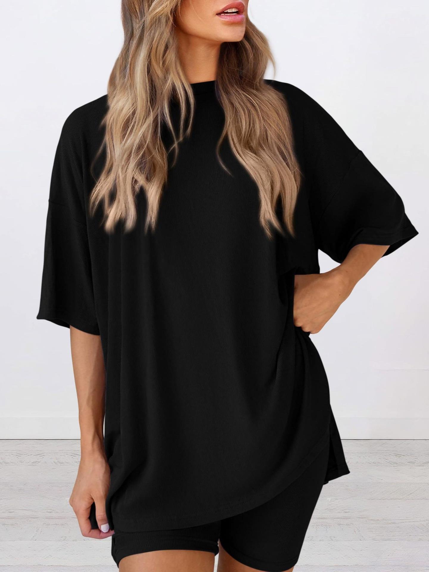 Women's Two-Piece Loungewear Set Oversized Ribbed Knit Round Neck Short Sleeve T-Shirt And High Waist Cycling Shorts Casual Summer Sporty Home Outfit