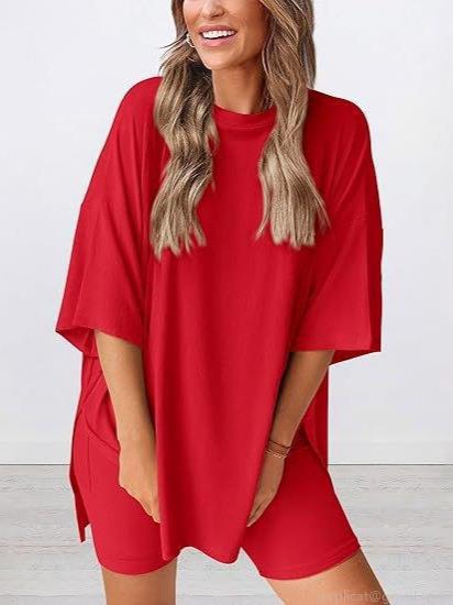 Women's Two-Piece Loungewear Set Oversized Ribbed Knit Round Neck Short Sleeve T-Shirt And High Waist Cycling Shorts Casual Summer Sporty Home Outfit