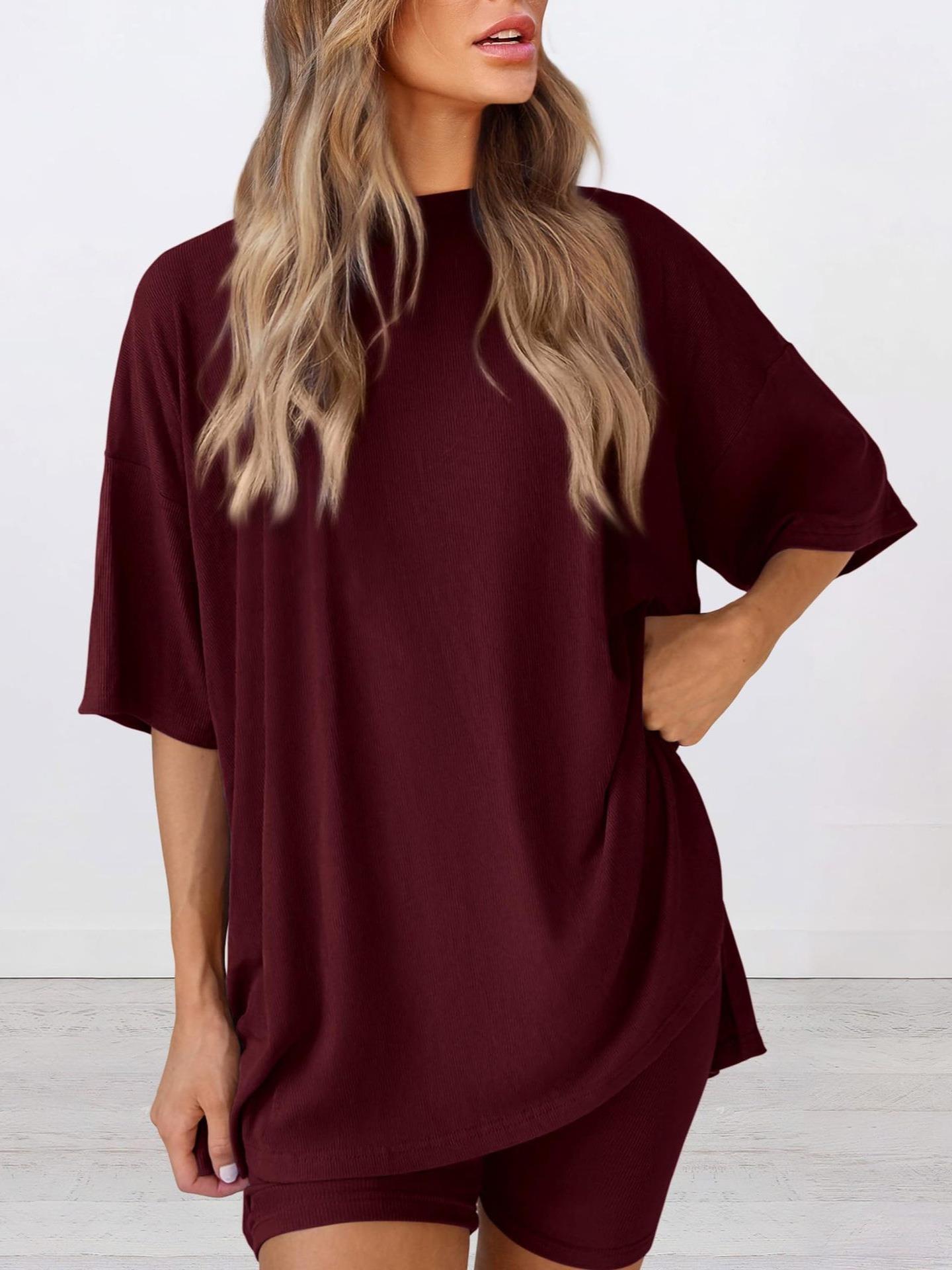 Women's Two-Piece Loungewear Set Oversized Ribbed Knit Round Neck Short Sleeve T-Shirt And High Waist Cycling Shorts Casual Summer Sporty Home Outfit