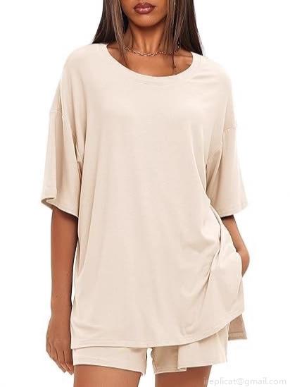 Women's Summer Casual Loungewear Set Polyester Spandex Oversized Short Sleeve T-Shirt And Drawstring Shorts Two-Piece Set Solid Color Round Neck Home Wear