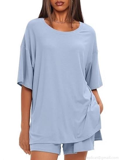 Women's Summer Casual Loungewear Set Polyester Spandex Oversized Short Sleeve T-Shirt And Drawstring Shorts Two-Piece Set Solid Color Round Neck Home Wear