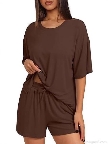 Women's Summer Casual Loungewear Set Polyester Spandex Oversized Short Sleeve T-Shirt And Drawstring Shorts Two-Piece Set Solid Color Round Neck Home Wear
