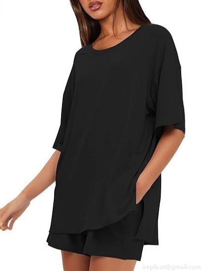 Women's Summer Casual Loungewear Set Polyester Spandex Oversized Short Sleeve T-Shirt And Drawstring Shorts Two-Piece Set Solid Color Round Neck Home Wear