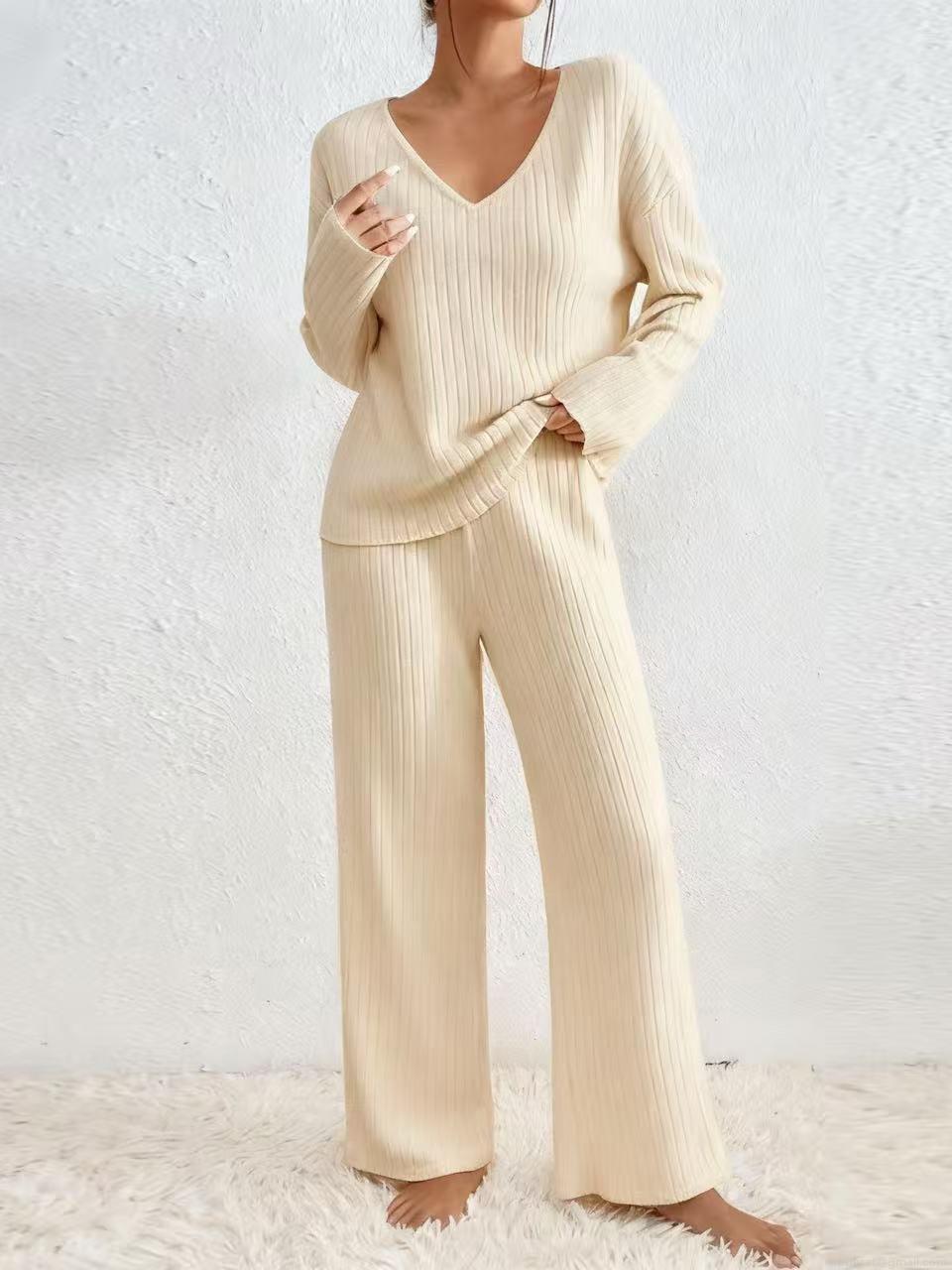 Women's Ribbed Knit Loungewear Set V-Neck Long Sleeve Top and Wide Leg Pants Two Piece Outfits Casual Loose Fit Soft Home Wear Suits