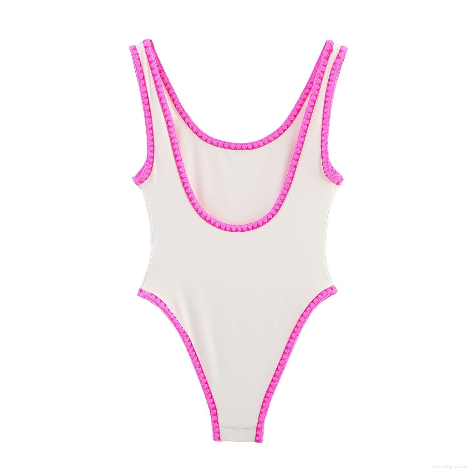 Women's One Piece Swimsuit White Pink Contrast Scalloped Trim High Stretch Beach Swimwear Summer Vacation Bathing Suit For Women