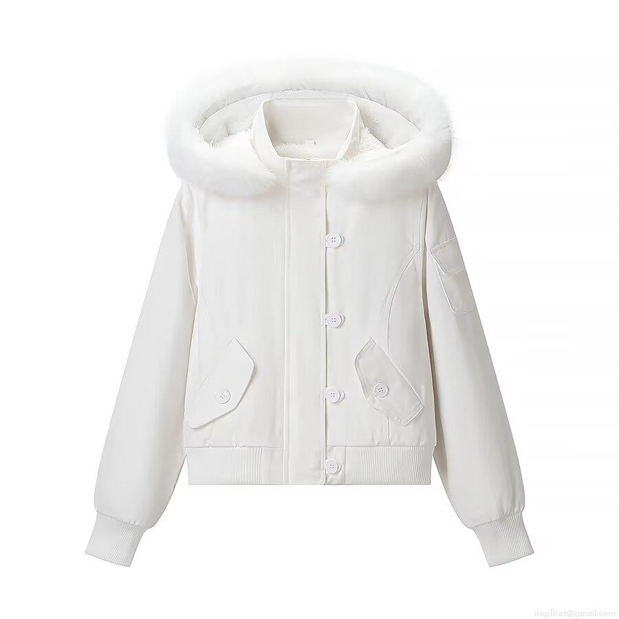 Women's Short Hooded Cotton Padded Jacket With Faux Fur Collar Warm Winter Outerwear Ribbed Cuffs Solid White Loose Fit Puffer Coat For Casual Daily Streetwear