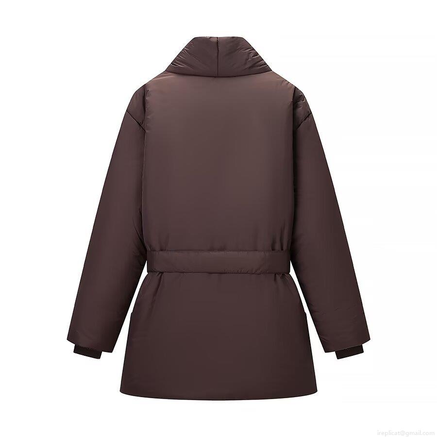 Women's Loose Fit V-Neck Puffer Jacket Solid Color Belted Warm Winter Coat Casual Mid-Length Polyester Quilted Outerwear With Large Pockets Deep Brown
