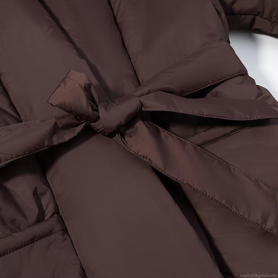 Women's Loose Fit V-Neck Puffer Jacket Solid Color Belted Warm Winter Coat Casual Mid-Length Polyester Quilted Outerwear With Large Pockets Deep Brown