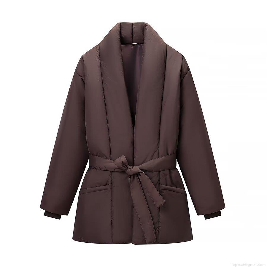Women's Loose Fit V-Neck Puffer Jacket Solid Color Belted Warm Winter Coat Casual Mid-Length Polyester Quilted Outerwear With Large Pockets Deep Brown