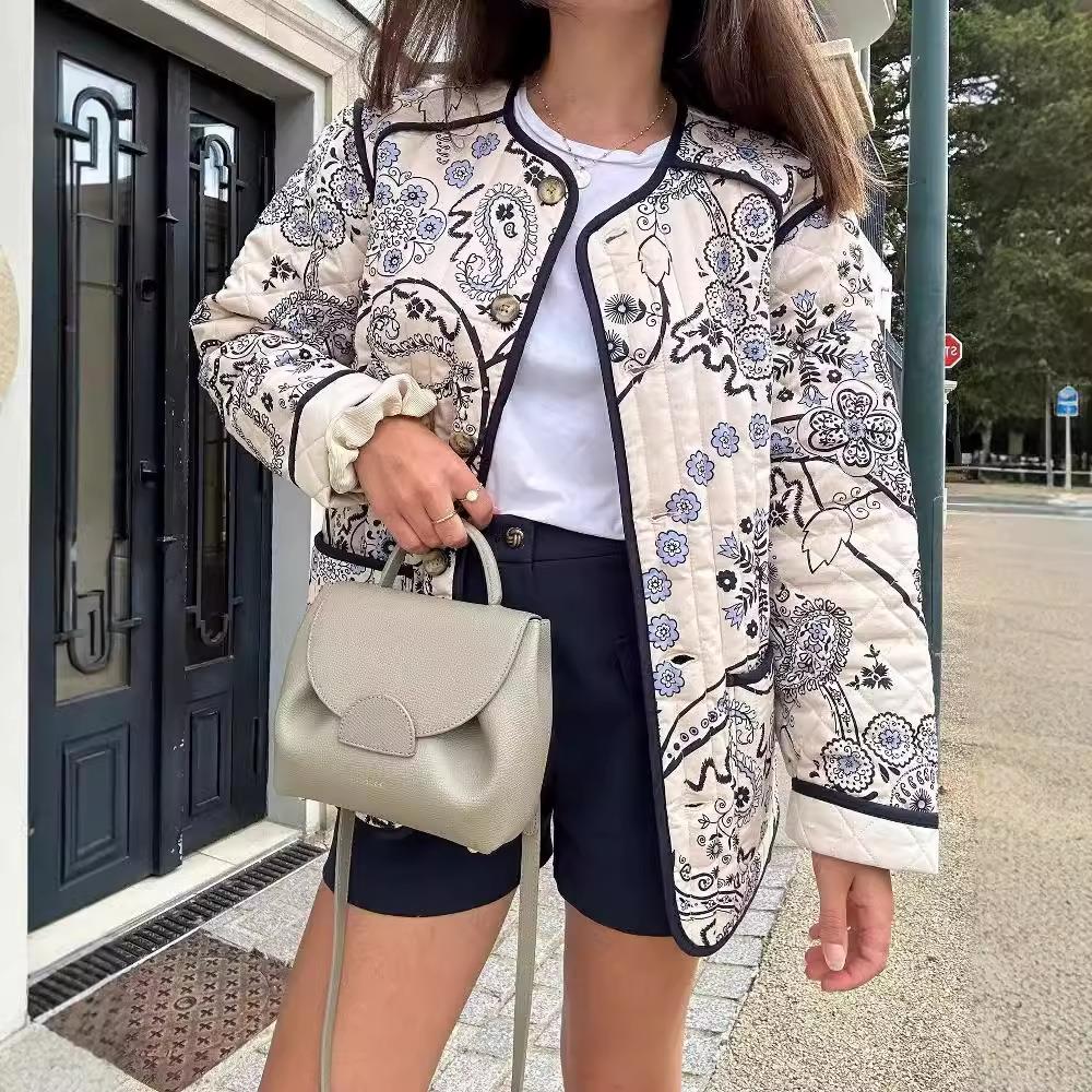 Women's Vintage Paisley Printed Quilted Jacket Polyester Cotton Padded Coat Contrast Piping Round Neck Loose Outerwear For Autumn Winter